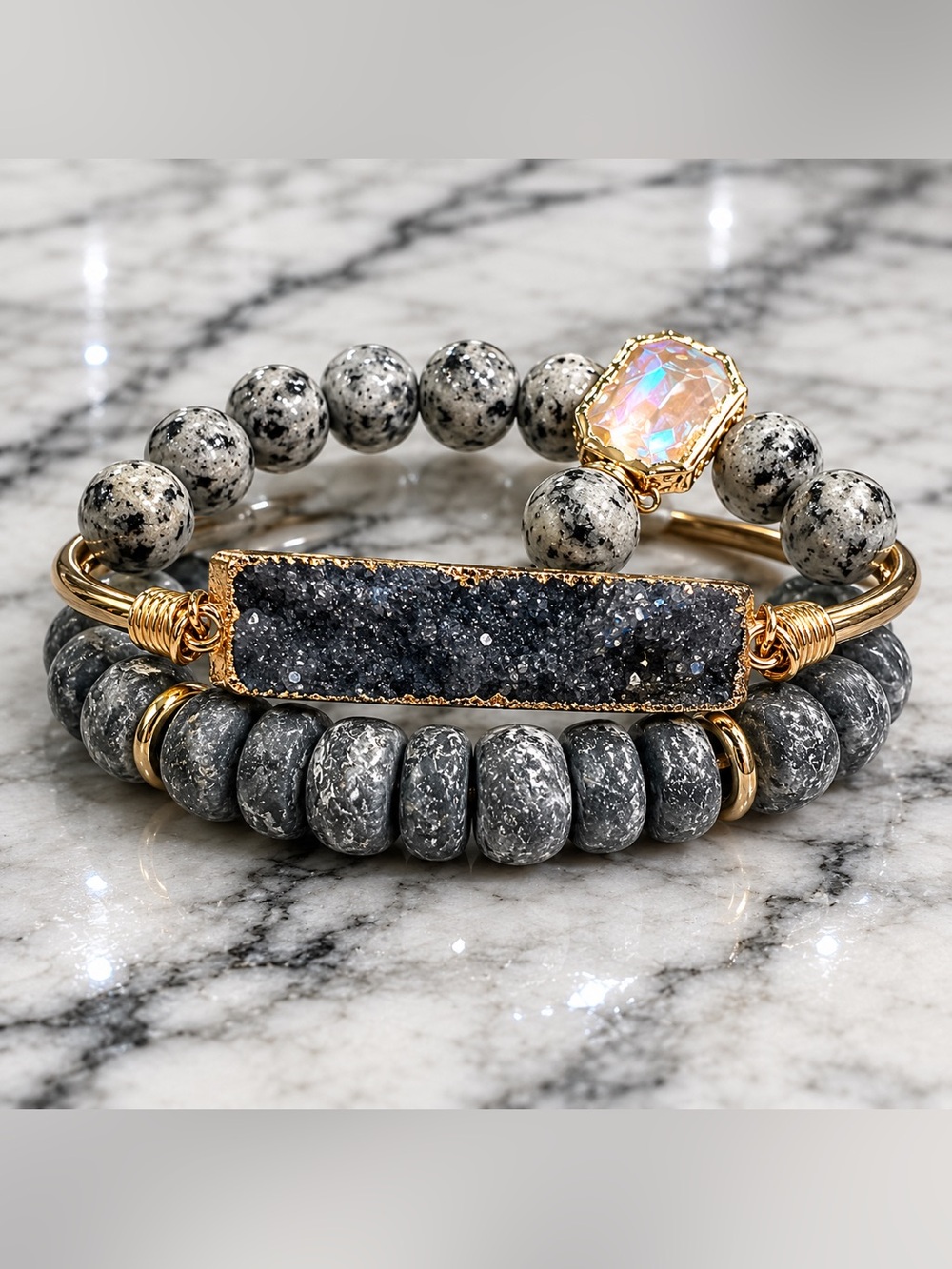 Elegant Gray Druzy & Beaded Bracelet Set with Gold Accents